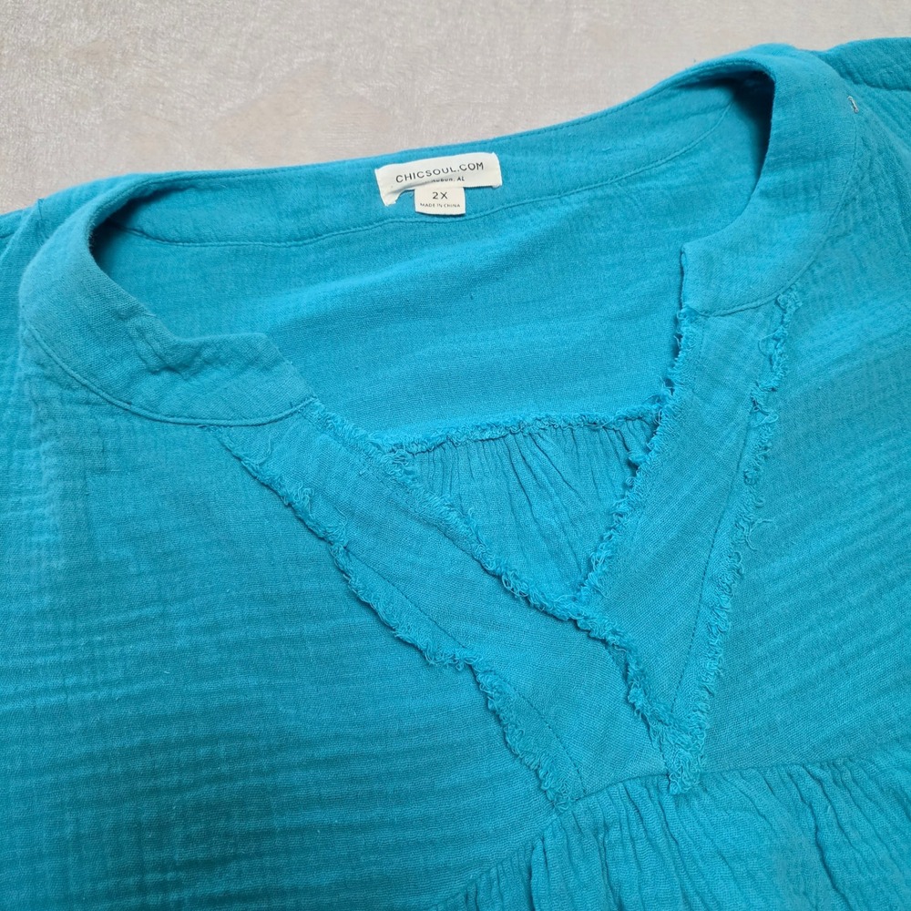 Chic Soul Turquoise Cotton Gauze Raw Edge Pockets Top 2X Plus Size Coastal Boho
